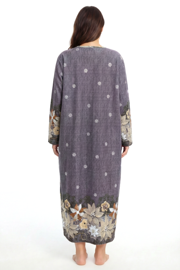 Angelino Büyük Beden Çiçek Desenli Uzun Kollu Anne Geceliği Kahve Rengi - 2