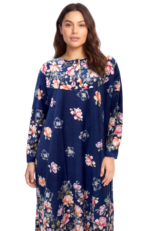 Angelino Büyük Beden Çiçek Desenli Uzun Kollu Anne Geceliği Lacivert - Angelino (1)