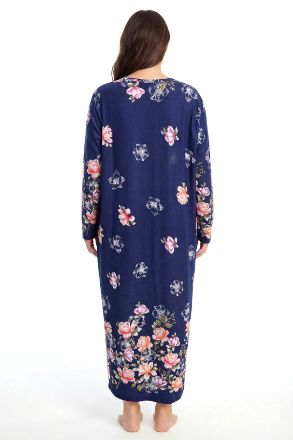 Angelino Büyük Beden Çiçek Desenli Uzun Kollu Anne Geceliği Lacivert - 3