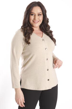 Büyük Beden Çıt Çıt Düğmeli Bej Hırka - 5
