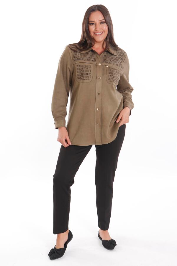 Büyük Beden Çıt Çıt Düğmeli Cep ve Omuz Lazer Kesim Detaylı Haki Süet Gömlek - 2