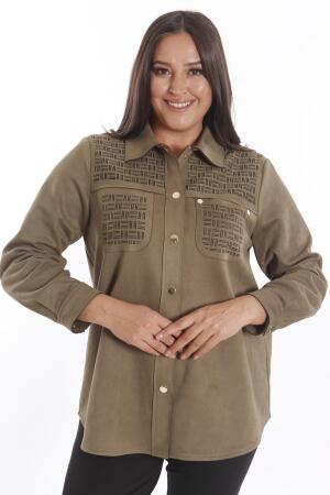 Büyük Beden Çıt Çıt Düğmeli Cep ve Omuz Lazer Kesim Detaylı Haki Süet Gömlek - 3