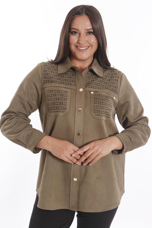 Büyük Beden Çıt Çıt Düğmeli Cep ve Omuz Lazer Kesim Detaylı Haki Süet Gömlek - 3