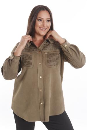 Büyük Beden Çıt Çıt Düğmeli Cep ve Omuz Lazer Kesim Detaylı Haki Süet Gömlek - 4