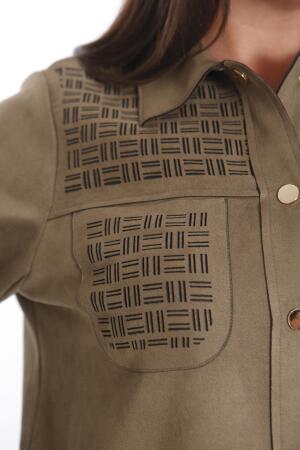 Büyük Beden Çıt Çıt Düğmeli Cep ve Omuz Lazer Kesim Detaylı Haki Süet Gömlek - 5