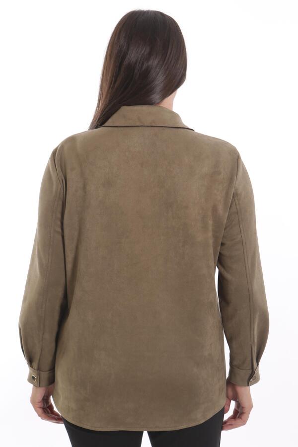 Büyük Beden Çıt Çıt Düğmeli Cep ve Omuz Lazer Kesim Detaylı Haki Süet Gömlek - 6