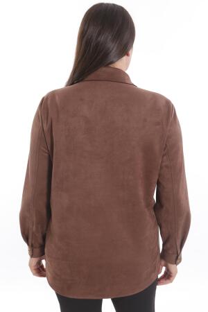 Büyük Beden Çıt Çıt Düğmeli Cep ve Omuz Lazer Kesim Detaylı Kahverengi Süet Gömlek - 5