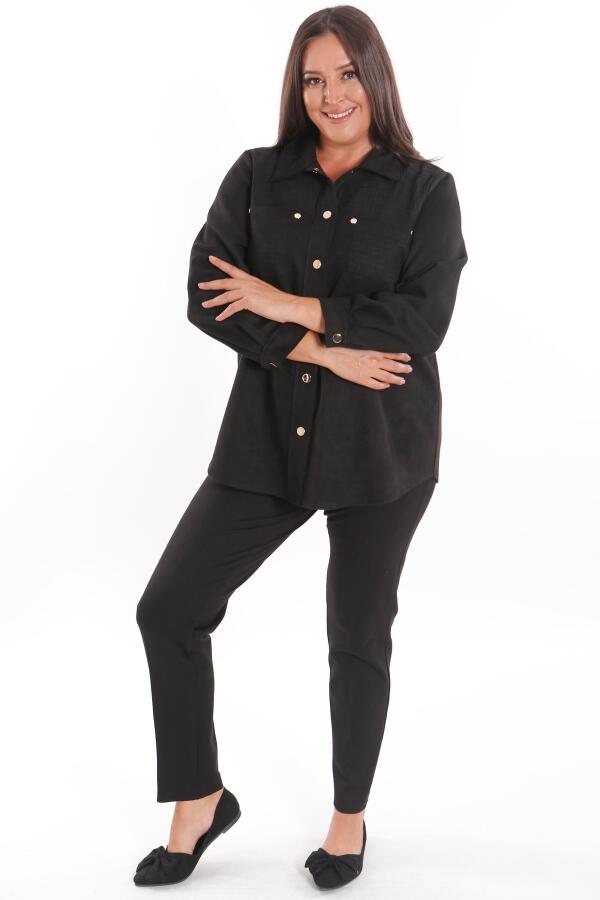 Büyük Beden Çıt Çıt Düğmeli Cep ve Omuz Lazer Kesim Detaylı Siyah Süet Gömlek - 4