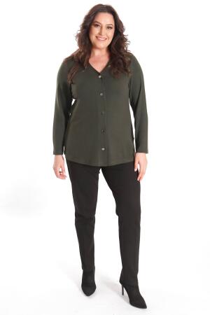 Büyük Beden Çıt Çıt Düğmeli Haki Hırka - Angelino Moda (1)