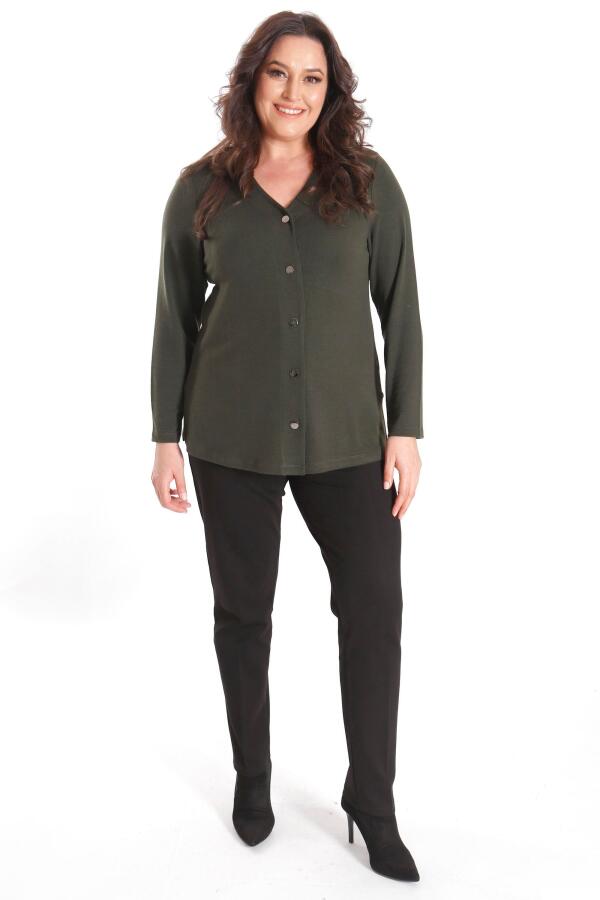 Büyük Beden Çıt Çıt Düğmeli Haki Hırka - 2