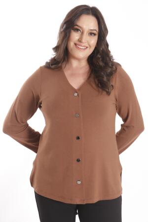 Büyük Beden Çıt Çıt Düğmeli Kahverengi Hırka - 6