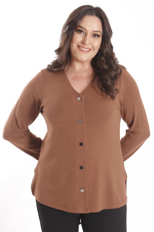 Büyük Beden Çıt Çıt Düğmeli Kahverengi Hırka - 6