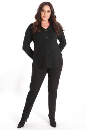Büyük Beden Çıt Çıt Düğmeli Siyah Hırka - Angelino Moda (1)