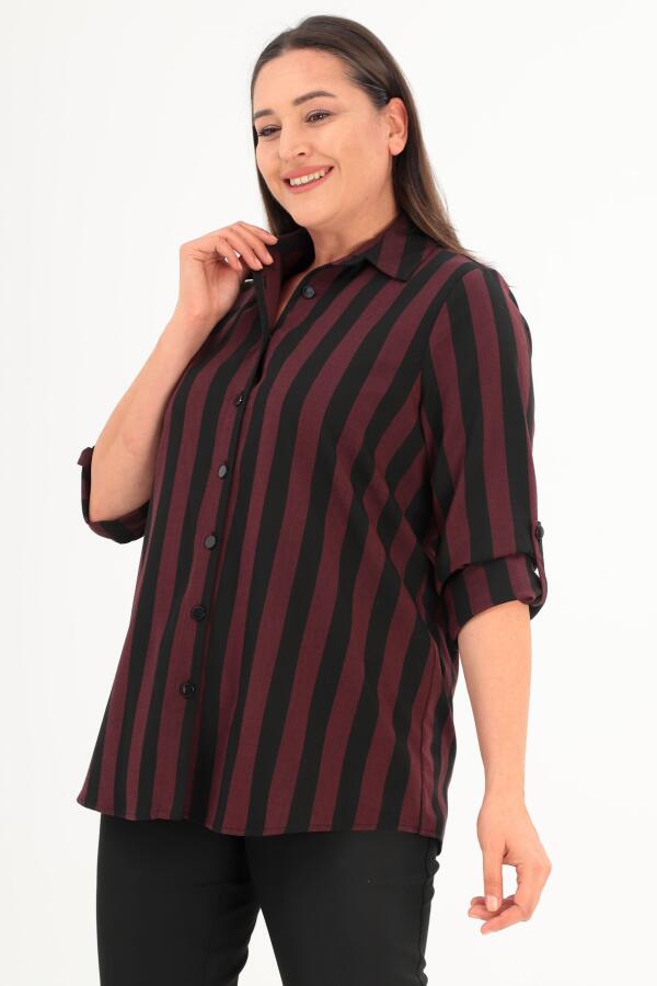 Trend42plus Büyük Beden Çizgili Basic Bordo Gömlek - 3