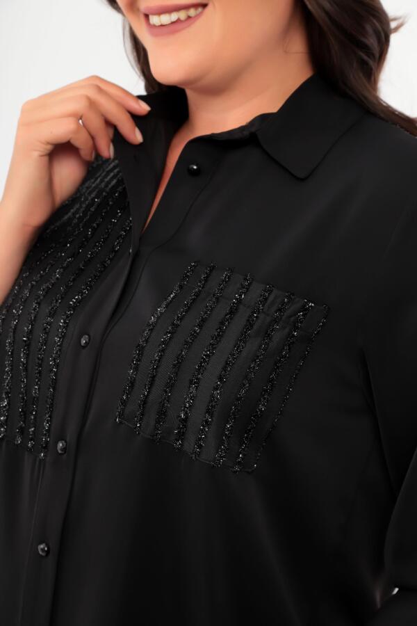 Angelino Büyük Beden Çizgili Simli Cepli Siyah Gömlek - 4