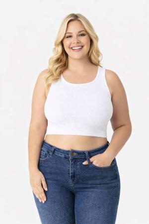 Büyük Beden Çok Esnek Beyaz Kadın Fitilli Crop Kaşkorse Atlet Kalın Askılı Basic 40-50 - Angelino Butik