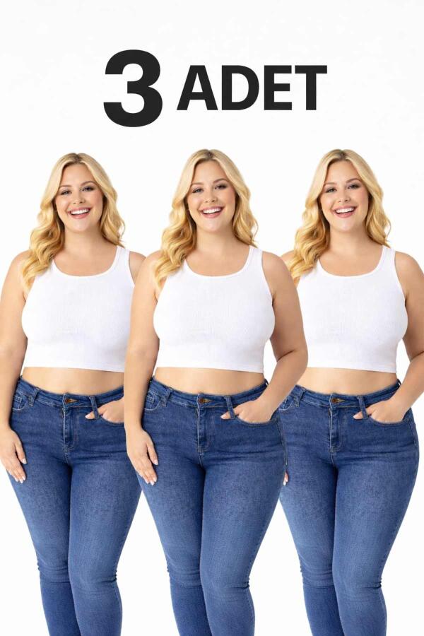 Büyük Beden Çok Esnek Beyaz Kadın Fitilli Crop Kaşkorse Atlet Kalın Askılı Basic 40-50 3 ' lü Paket - 1