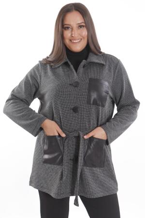 Büyük Beden Deri Cep Detaylı Kemerli Siyah Ceket - Angelino Moda