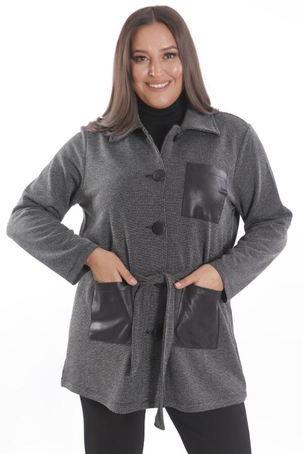 Büyük Beden Deri Cep Detaylı Kemerli Siyah Ceket - 1