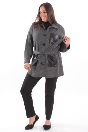 Büyük Beden Deri Cep Detaylı Kemerli Siyah Ceket - Angelino Moda (1)