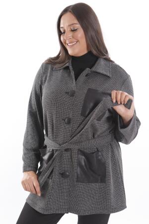 Büyük Beden Deri Cep Detaylı Kemerli Siyah Ceket - 5