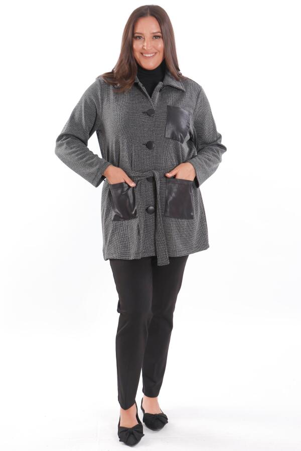 Büyük Beden Deri Cep Detaylı Kemerli Siyah Ceket - 6