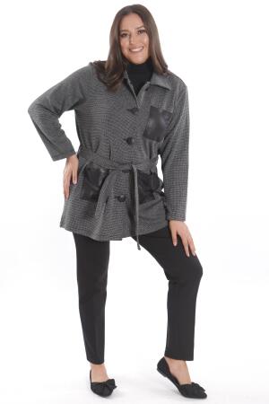 Büyük Beden Deri Cep Detaylı Kemerli Siyah Ceket - 8