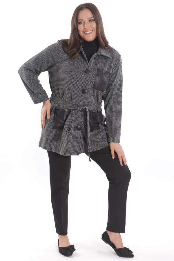 Büyük Beden Deri Cep Detaylı Kemerli Siyah Ceket - 8