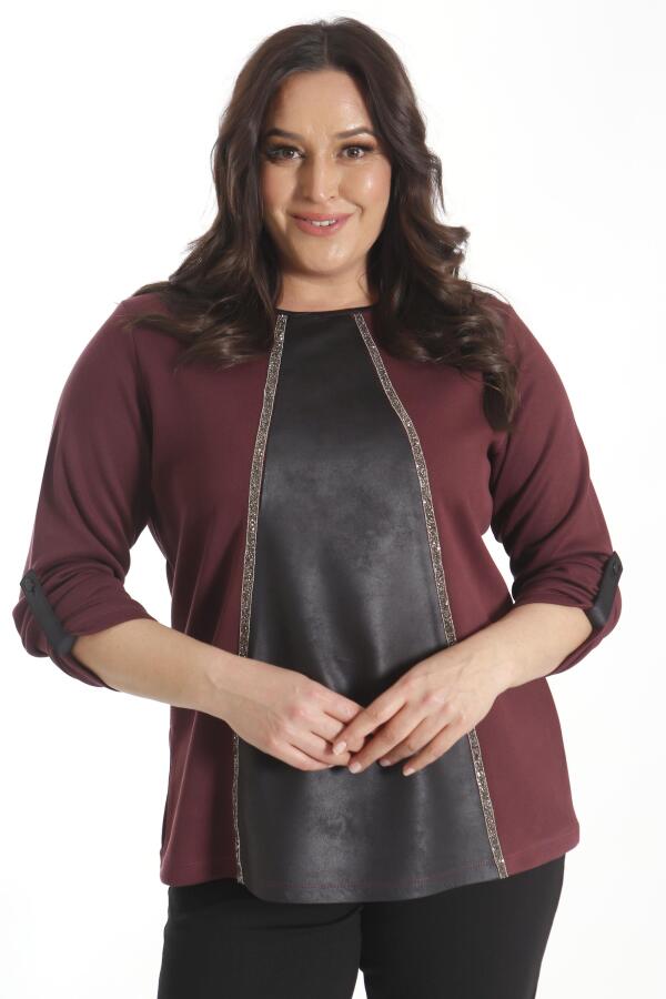 Büyük Beden Deri Parçalı Taş Şeritli Bordo Bluz - 5