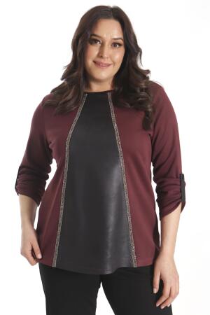 Büyük Beden Deri Parçalı Taş Şeritli Bordo Bluz - 6