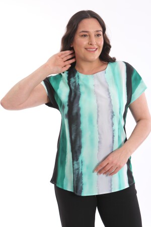 Trend42plus Büyük Beden Desenli Düşük Kol Basic Siyah Bluz - 4