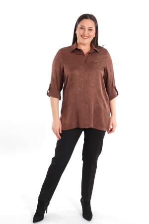 Angelino Büyük Beden Desenli Floş Viskoz Kahverengi Gömlek - Angelino Moda