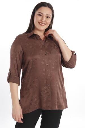 Angelino Büyük Beden Desenli Floş Viskoz Kahverengi Gömlek - Angelino Moda (1)