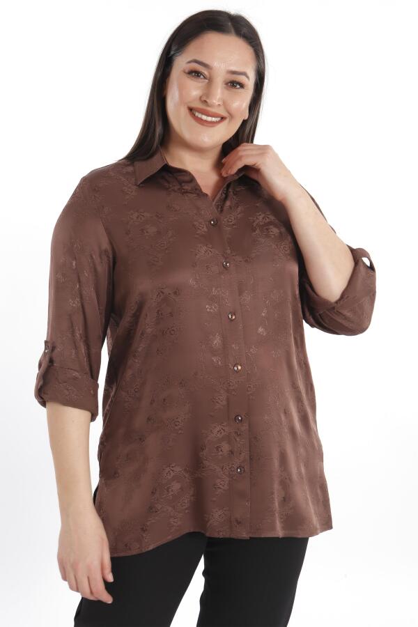 Angelino Büyük Beden Desenli Floş Viskoz Kahverengi Gömlek - 2