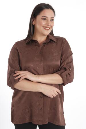 Angelino Büyük Beden Desenli Floş Viskoz Kahverengi Gömlek - 5