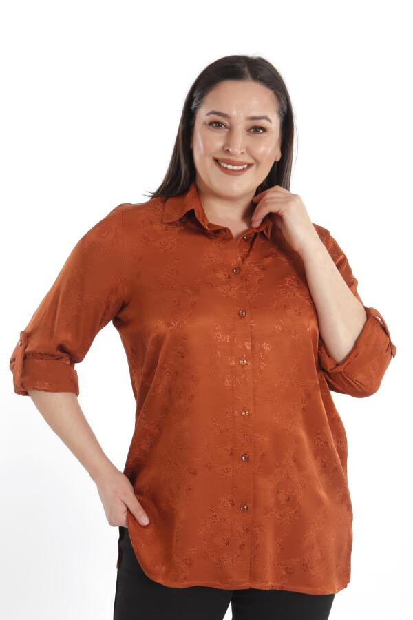 Angelino Büyük Beden Desenli Floş Viskoz Kiremit Gömlek - 5