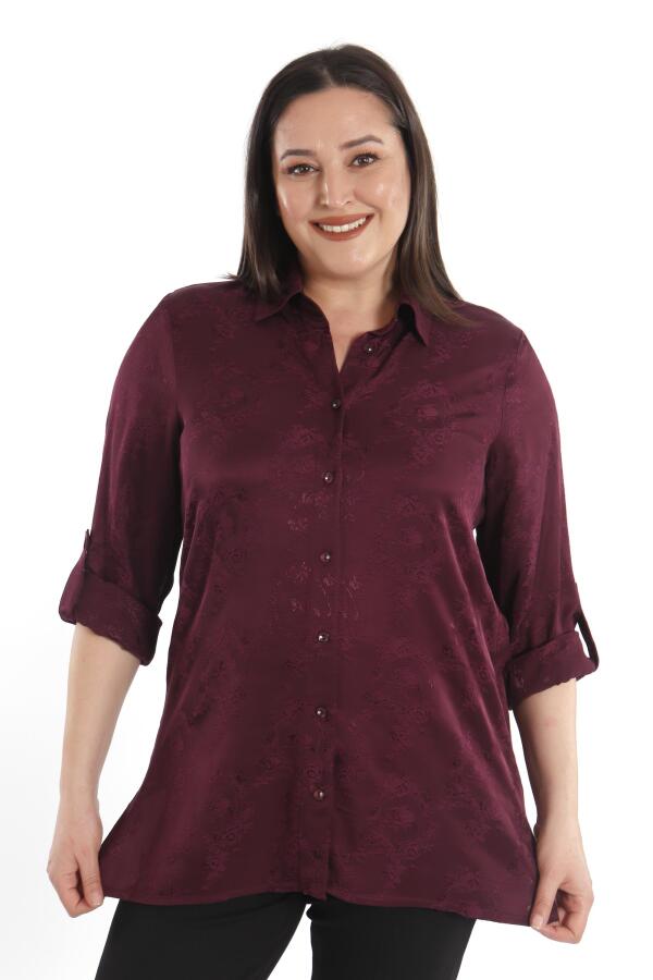 Angelino Büyük Beden Desenli Floş Viskoz Mürdüm Gömlek - 6