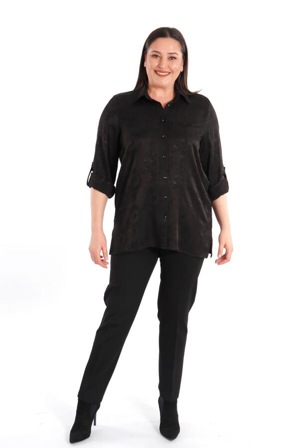 Angelino Büyük Beden Desenli Floş Viskoz Siyah Gömlek - 1