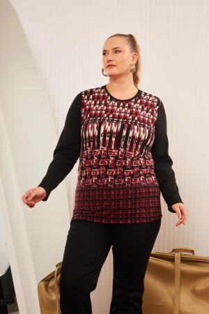 Büyük Beden Desenli Triko Bluz Bordo - 1