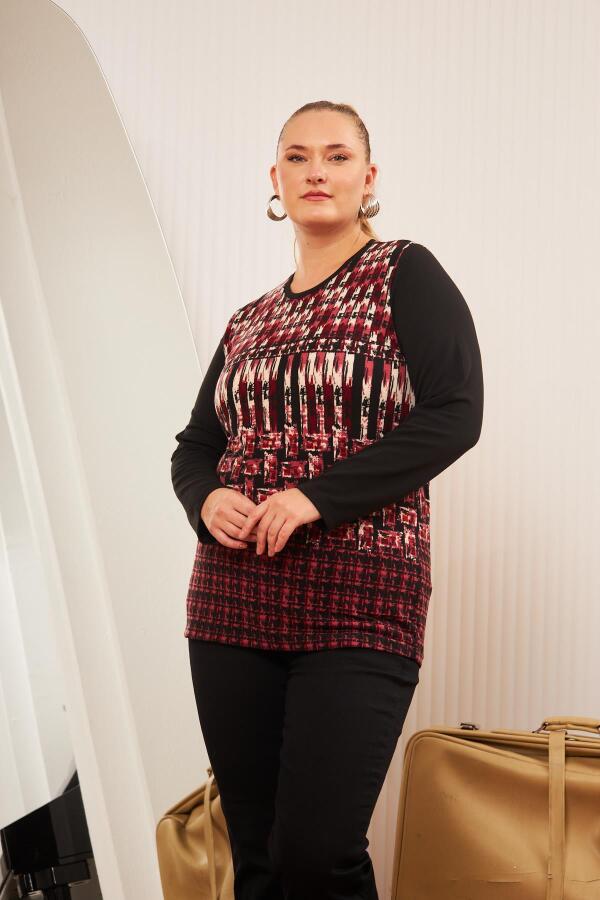 Büyük Beden Desenli Triko Bluz Bordo - 3