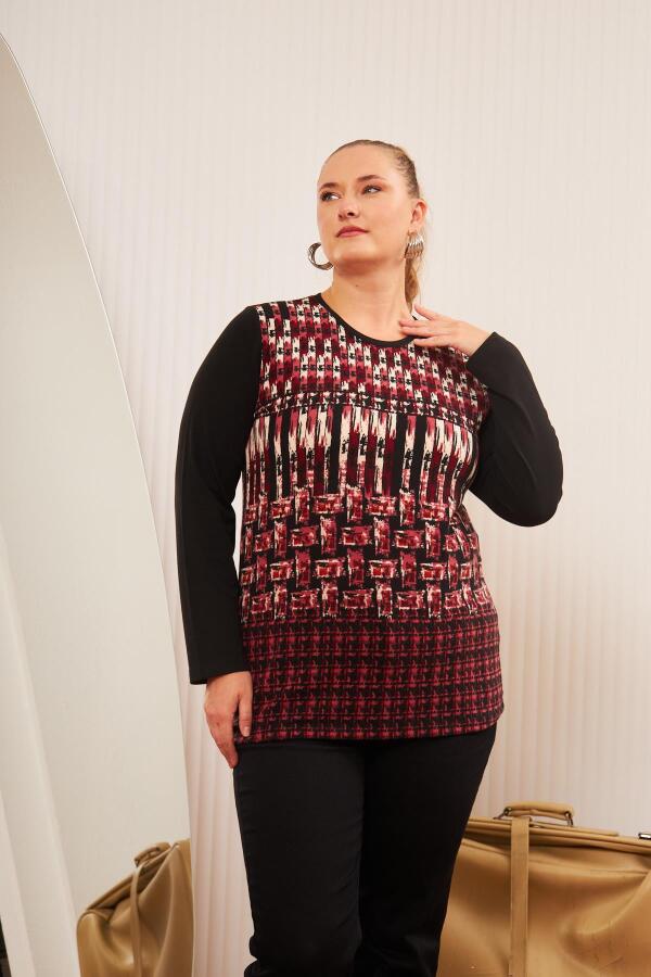 Büyük Beden Desenli Triko Bluz Bordo - 4