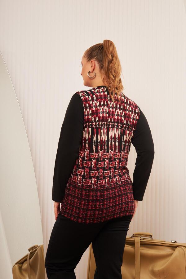 Büyük Beden Desenli Triko Bluz Bordo - 6