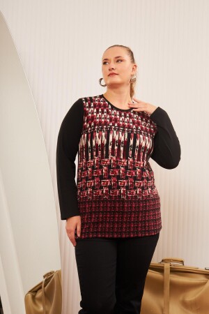 Büyük Beden Desenli Triko Bluz Bordo - 4