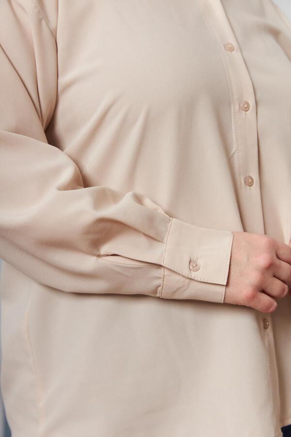 Büyük Beden Dökümlü Uzun Kol Gömlek Krem - 3