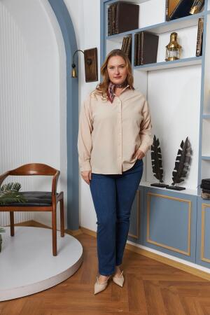 Büyük Beden Dökümlü Uzun Kol Gömlek Krem - 4