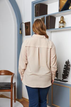 Büyük Beden Dökümlü Uzun Kol Gömlek Krem - 5