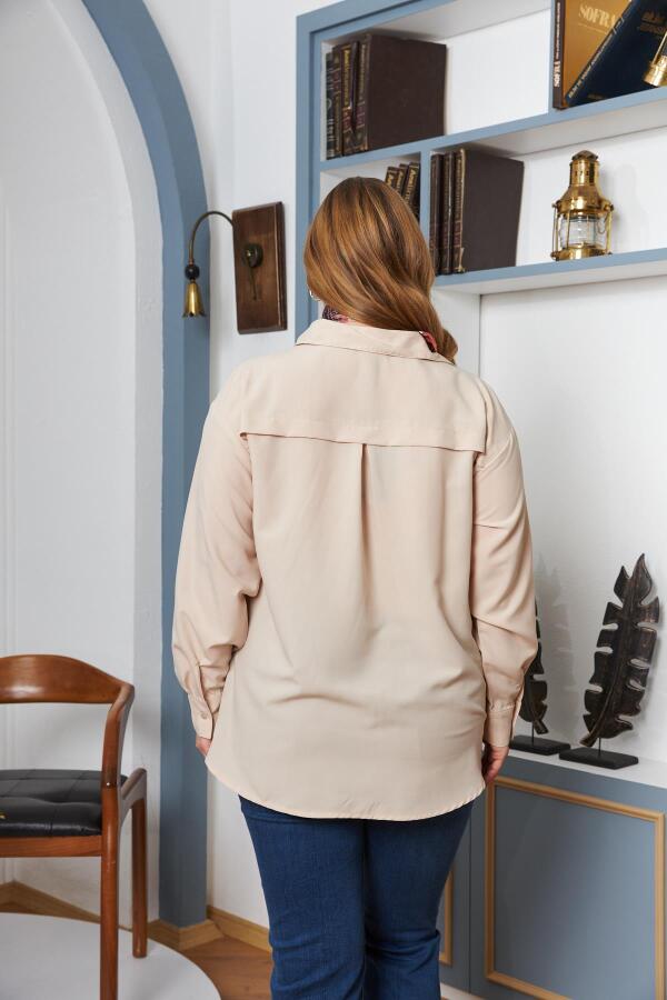 Büyük Beden Dökümlü Uzun Kol Gömlek Krem - 5