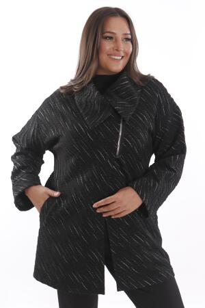 Büyük Beden Dökümlü Yaka Simli ve Cep detaylı Yarım Fermuar Gümüş Ceket - Angelino Moda