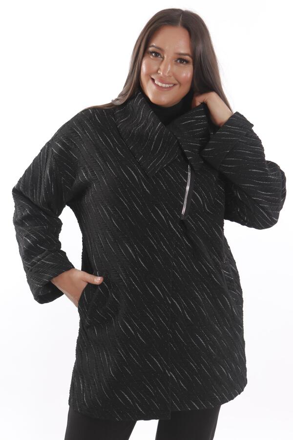 Büyük Beden Dökümlü Yaka Simli ve Cep detaylı Yarım Fermuar Gümüş Ceket - 3