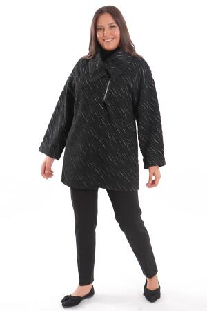 Büyük Beden Dökümlü Yaka Simli ve Cep detaylı Yarım Fermuar Gümüş Ceket - 4